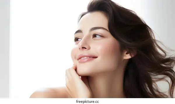 Portrait of a beautiful young woman with long brown hair and a radiant smile