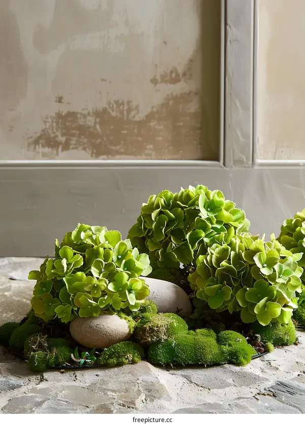Green Hydrangea Flowers with Moss and Stones