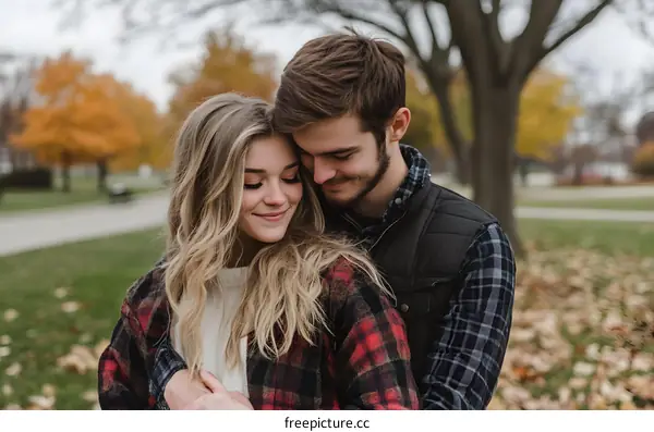 Couple Embracing in Autumn Park