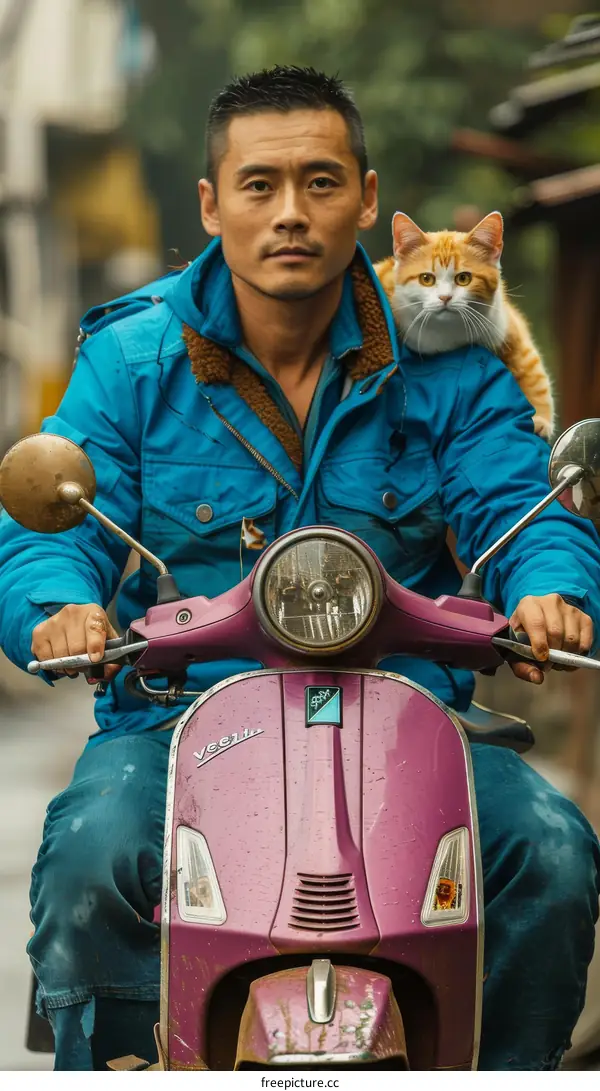 A man riding a scooter with a cat on his shoulder