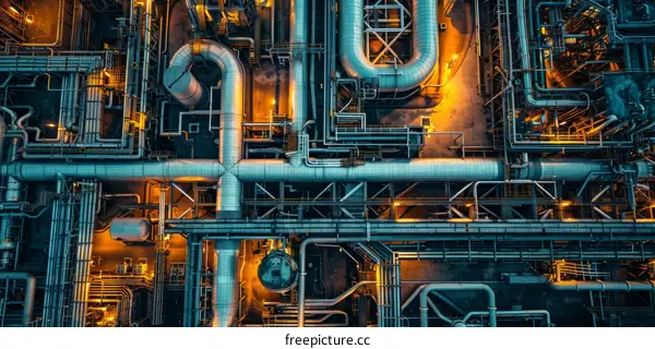 A bird's eye view of the maze of pipes and machinery at an oil refinery