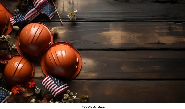 Labor Day Scene with Hard Hats and American Flags