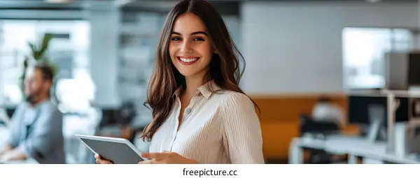 Smiling Businesswoman Holding Tablet in Office