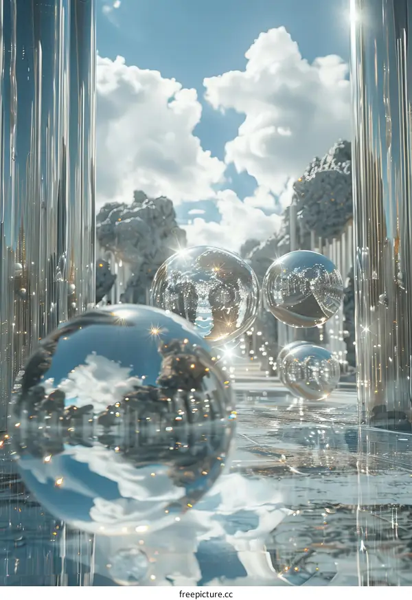 Spheres Reflecting Sky in a Surreal Mirrored Environment