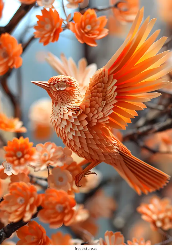An orange paper bird with orange flower