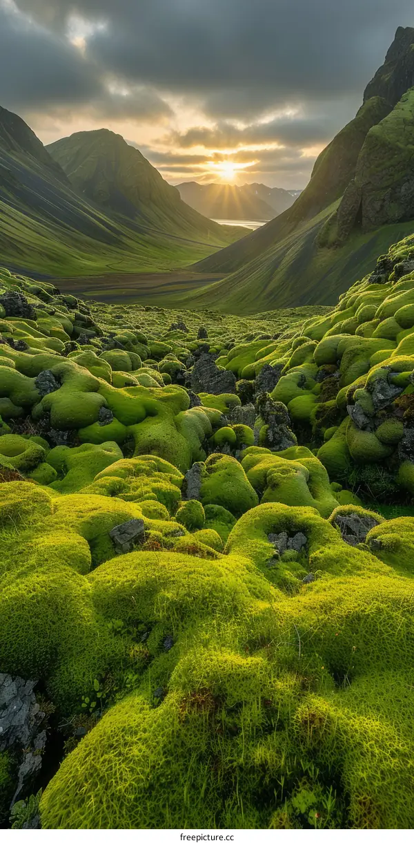 Green Moss in a Valley Between Icelandic Mountains