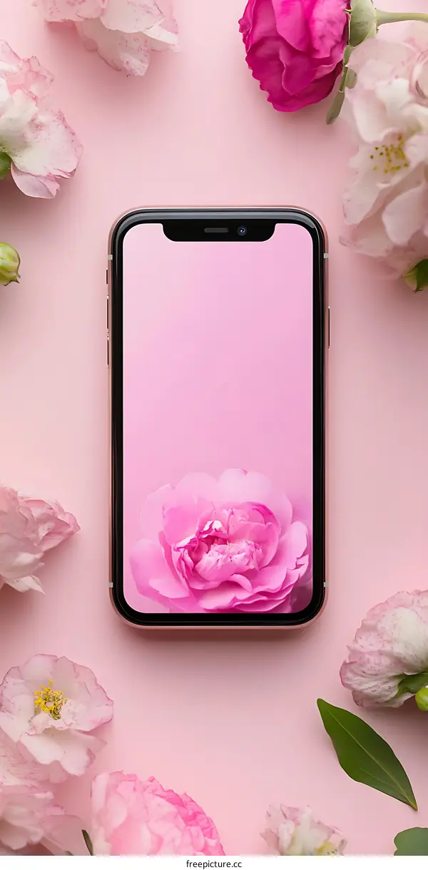 Pink Flowers and Smartphone on Pink Background