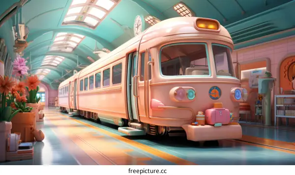 Retro Pink and Blue Train at a Station