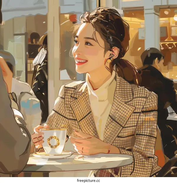 An illustration of a young woman having coffee at a cafe