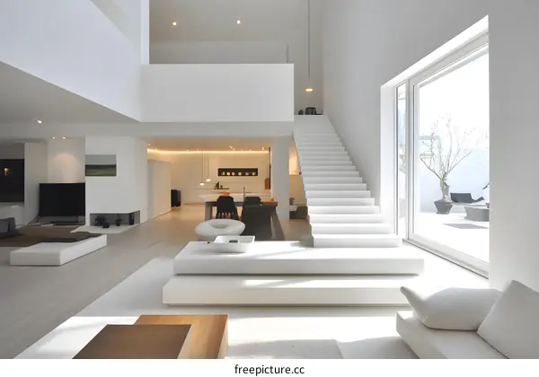 Modern Minimalist Interior Design White Living Room with Stairs and a Patio View
