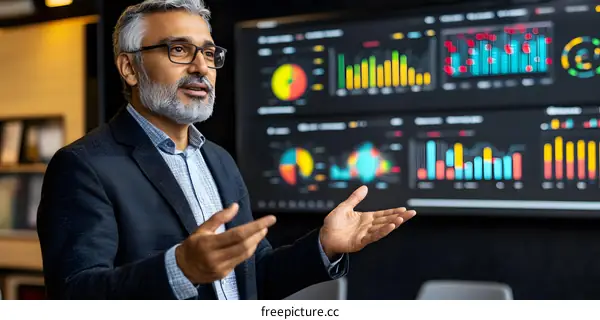 Indian Man in a Suit Presenting Data Analysis and Strategy to a Team