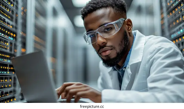 Focused Black Male Technician Working on a Laptop in a Server Room