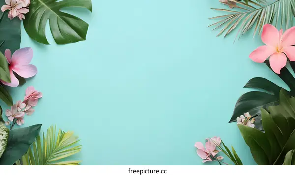 Tropical Flowers and Leaves on a Light Blue Background