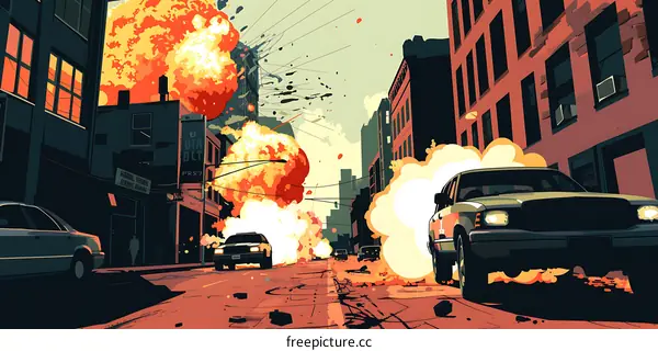 Explosion in City Street with Smoke and Fire