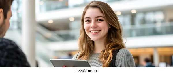 Smiling Woman Holding Tablet in Modern Building