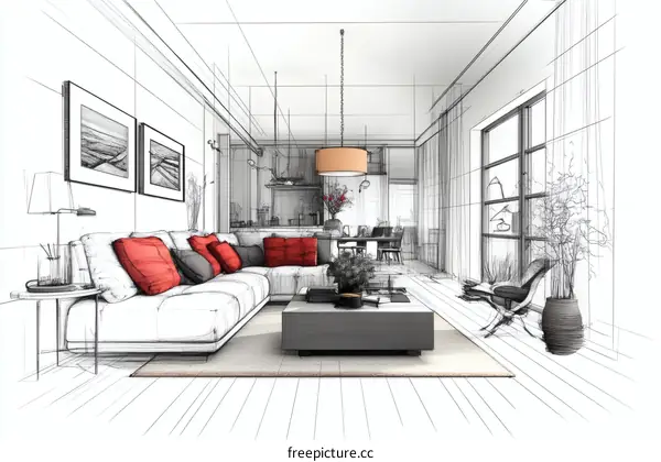 Interior Design Sketch of a Modern Living Room