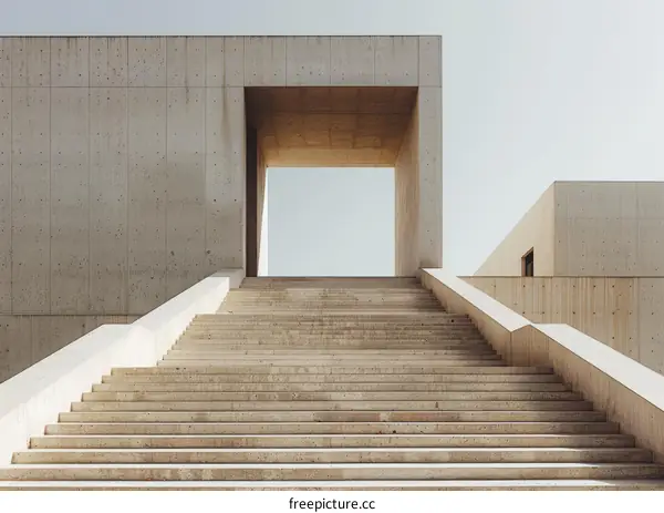 Concrete Building with Long Staircase and Open Doorway