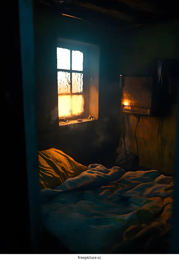 Dark Bedroom With A Window And A Bed