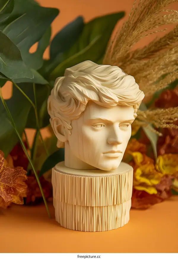Wooden Sculpture of a Man Head With Leaves and Grass