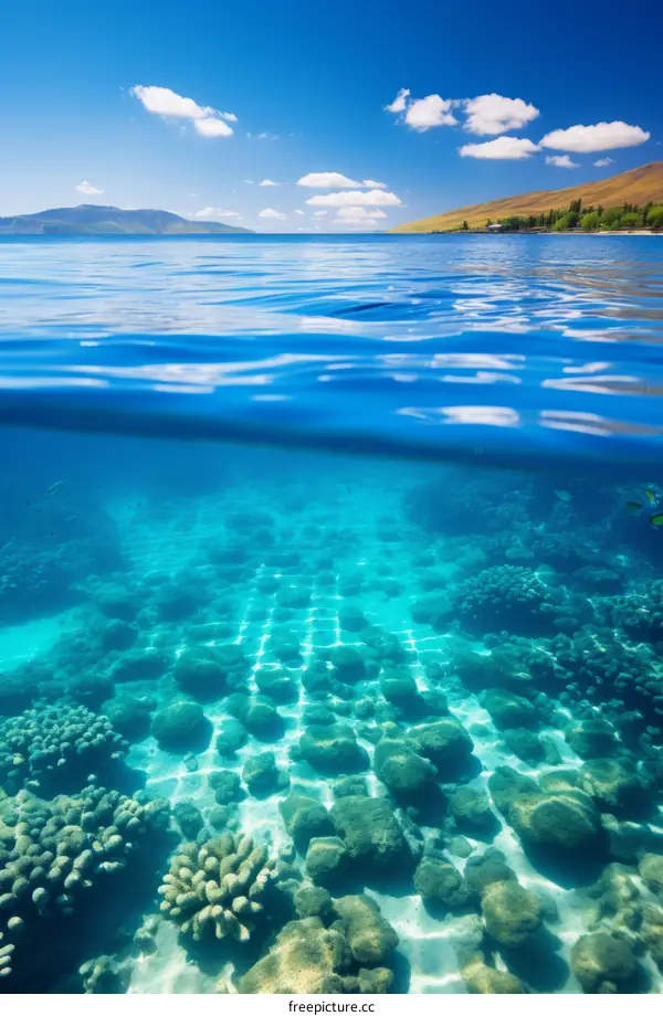 Half and half photo of coral reef and ocean surface