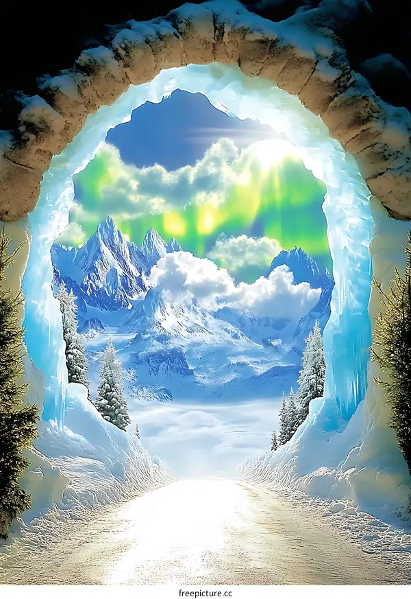 Snowy Mountain View Through Ice Cave