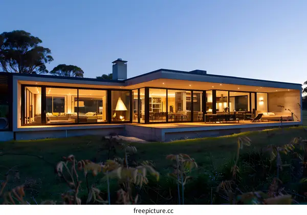 Modern House with Large Windows in Twilight