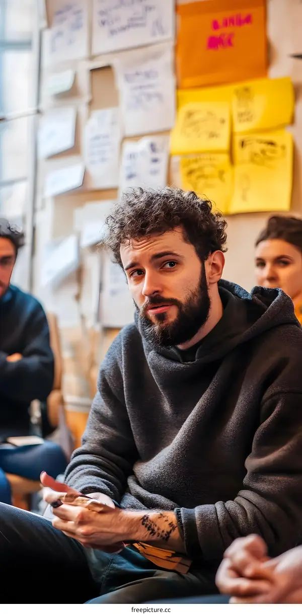 Man with Beard Listening Attentively in a Meeting
