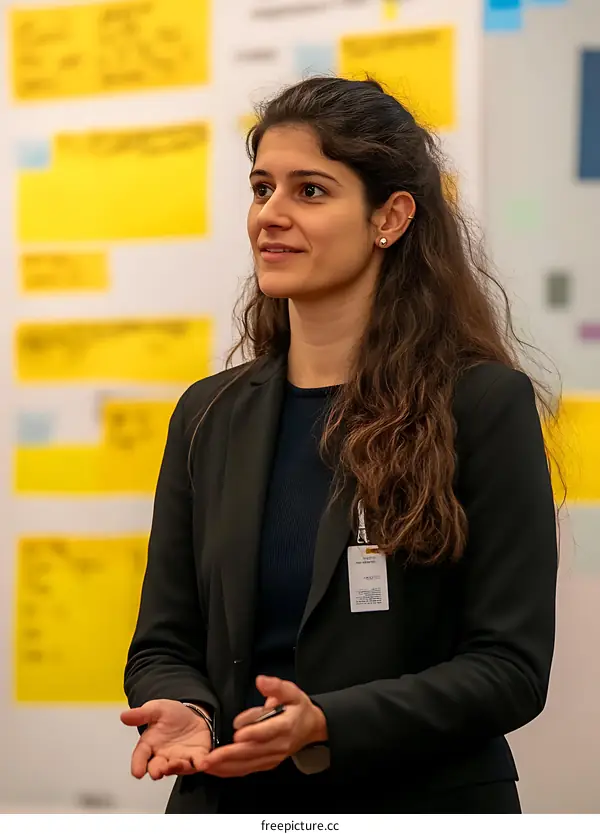 Woman in a Black Blazer Speaking at a Conference