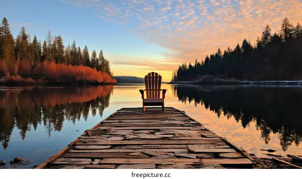 Wooden dock jutting out into a calm lake at sunset