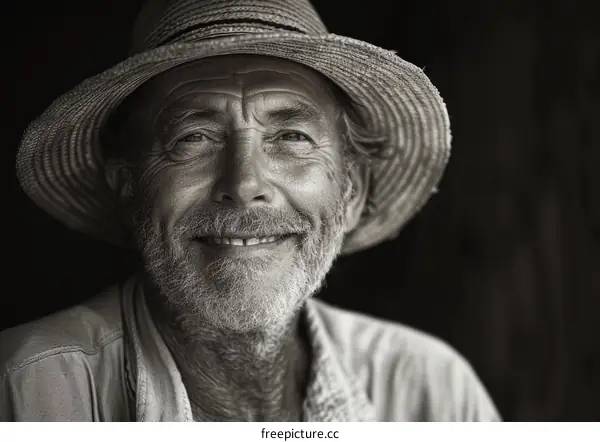 Portrait of a Smiling Senior Man in a Straw Hat