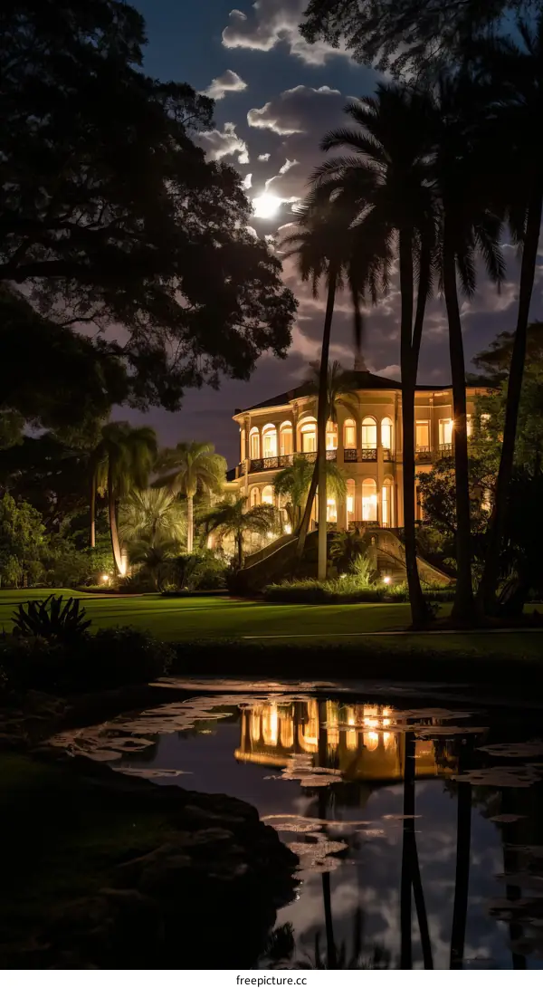 Large Luxury House with Palm Trees and a Pool at Night