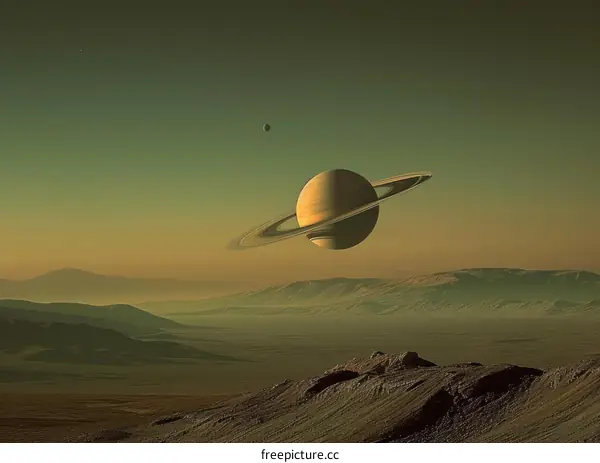 Saturn in the distance over a rocky moon landscape