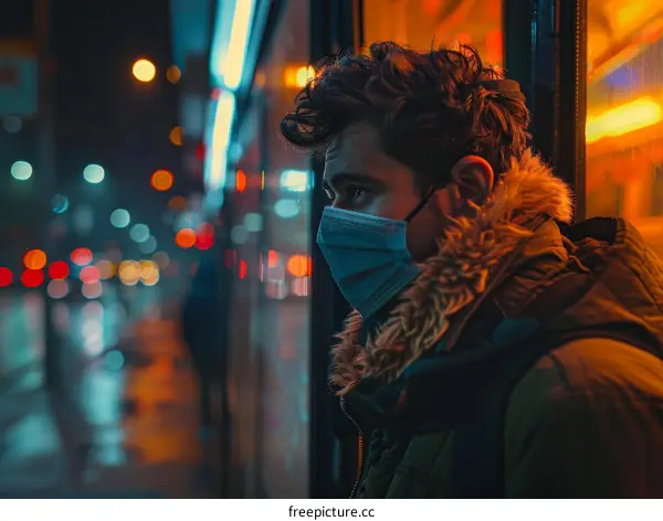 Man wearing a mask looking out a window at night