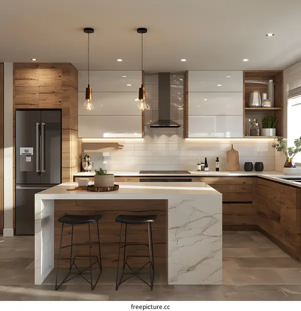 Modern kitchen with wooden cabinets and marble countertop