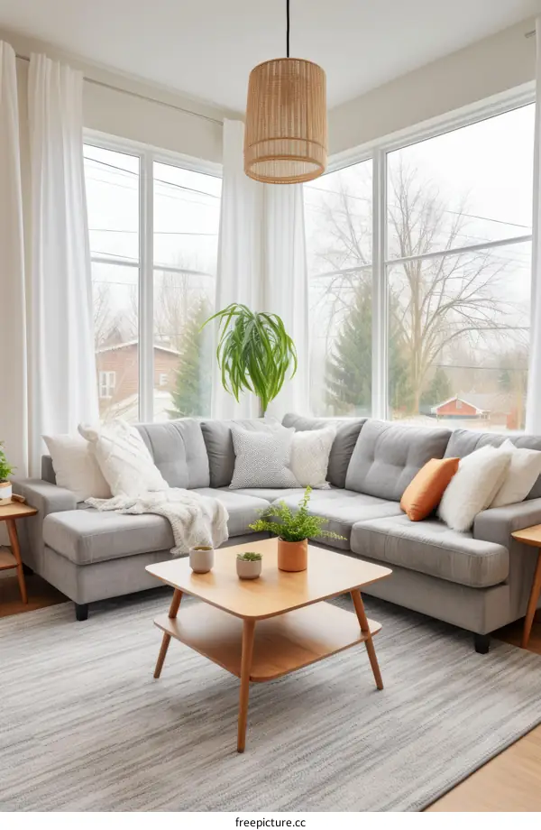 A living room with a gray couch, coffee table, rug, and plants