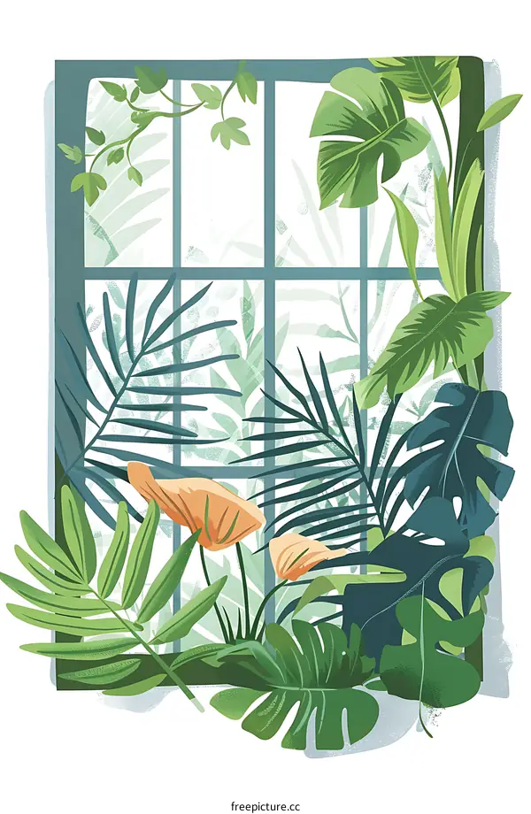 Window View of Tropical Plants Illustration