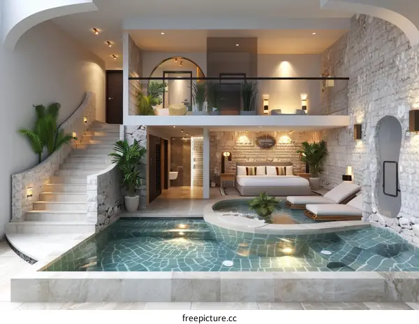 Luxury Indoor Swimming Pool with Lounge and Staircase