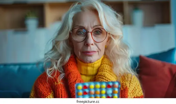 Senior woman holding pills in hand