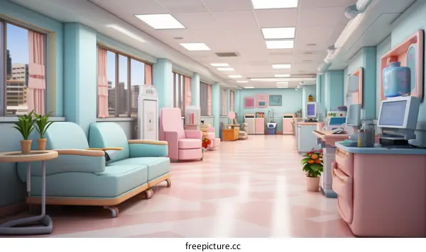 Sterile Hospital Hallway with Seating and Medical Equipment
