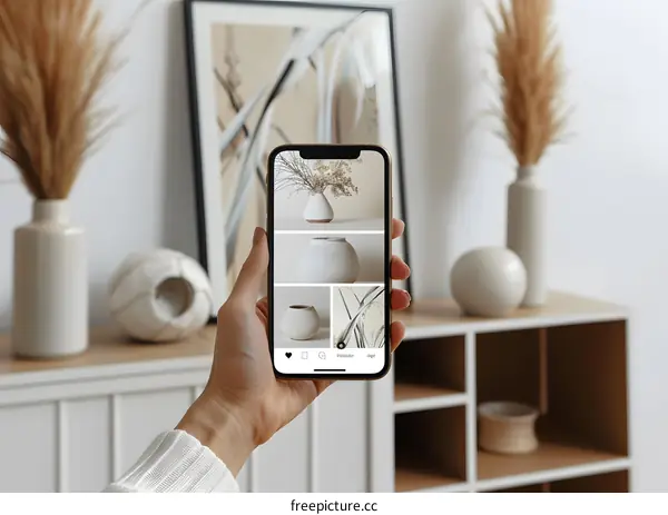 Person Holding Smartphone with Images of Ceramic Vases