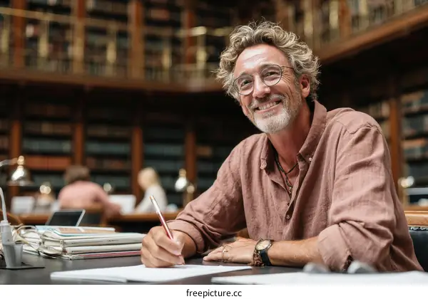 Smiling Man Studying in a Library