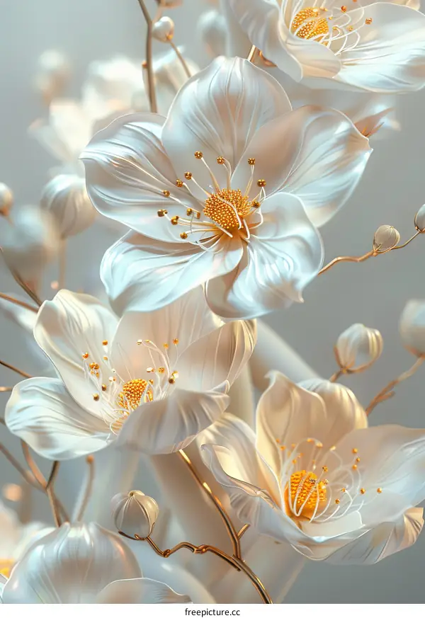 Golden White Flowers 3D Illustration