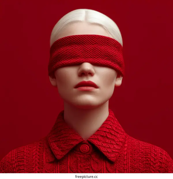 Woman with Red Blindfold in Red Background