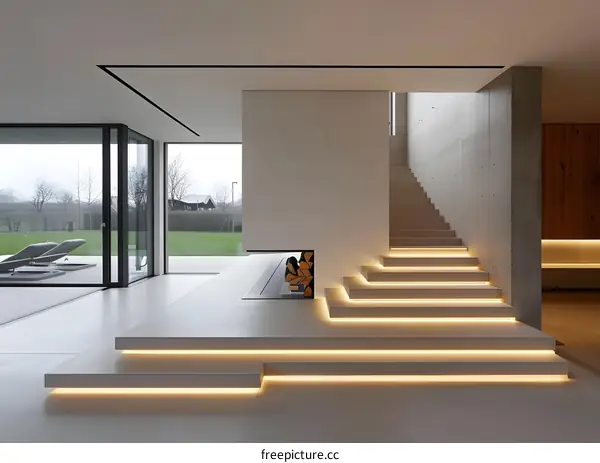 Modern Minimalist Living Room Interior Design with Concrete Stairs