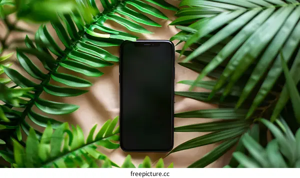 Black Smartphone with Green Leaves Background