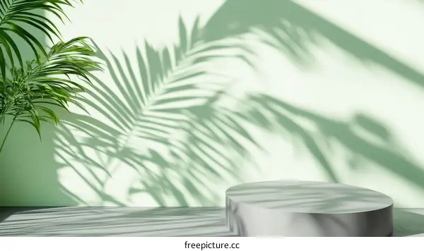 Green Aesthetic Product Display Background with Palm Leaf Shadows