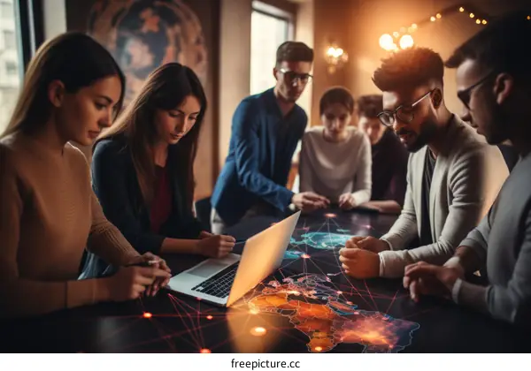 A group of people are looking at a laptop and a map.