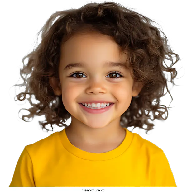 [Transparent Background PNG]Portrait of a Young Girl with Curly Brown Hair Smiling