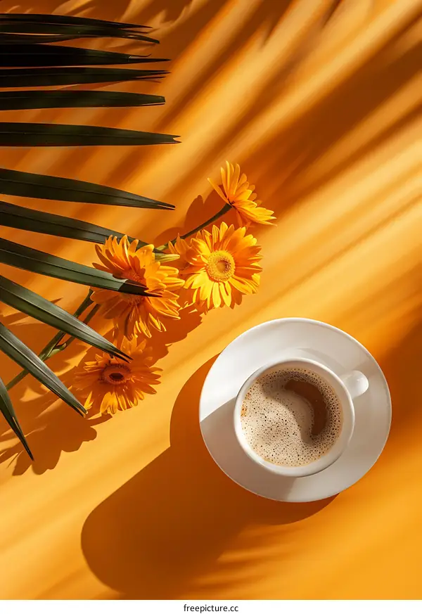 Orange Background with Coffee Cup and Flowers