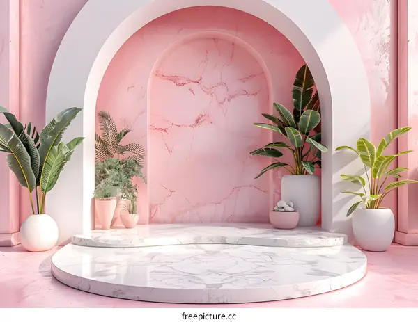 Pink Marble Texture Arch Plants Display Platform